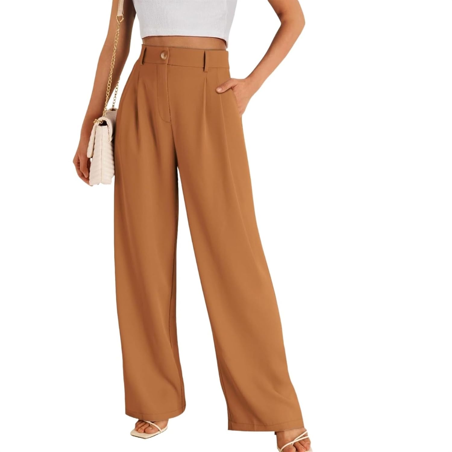 Womens Formal Trousers with Draped High Waist and Wide Legs Medium Amber
