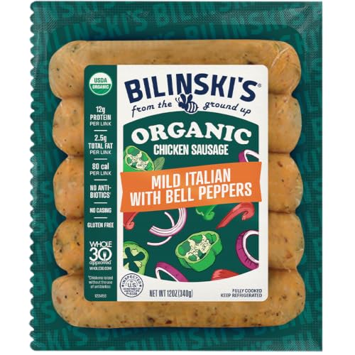 Bilinski's Organic Mild Italian Chicken Sausage, 12g Protein/80 Calories, Fully Cooked, GAP Certified Chicken, No Antibiotics, No Nitrates, No Additives, Casing Free, 12oz