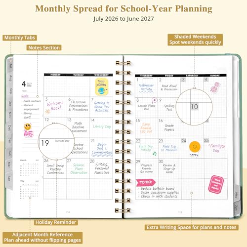 JoyCat Academic Planner 2026-2027, July 2026-June 2027, A5 Weekly & Monthly Planner with Grid Notes Pages, Hardcover with Tabs, 5 Sticker Sheets for Teachers & Students, 6.3" x 8.5", Green - Image 4