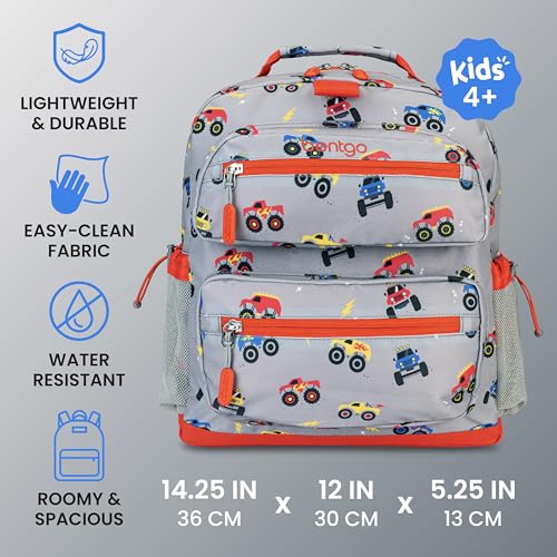 Image of Bentgo Kids Backpack - Lightweight 14 inch Backpack in Fun Prints for School, Travel, & Daycare, Ideal for Ages 4+, Roomy Interior, Durable & Water-Resistant Fabric, & Loop for Lunch Bag (Trucks)