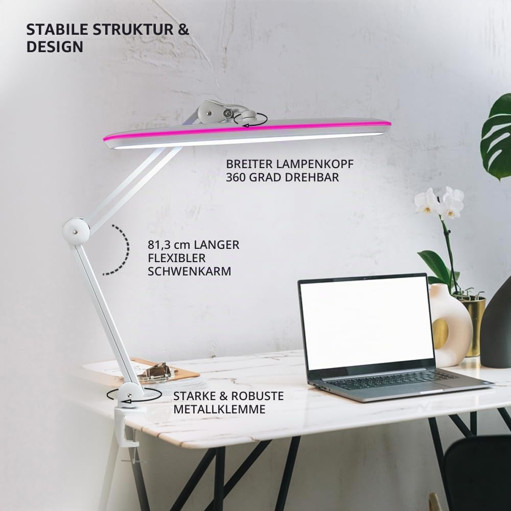 Neatfi XL 2,200 Lumen LED-Arbeitsplatzleuchte | 58 CM | ultrabreite Lampe | dimmbar (Weiß mit Rosa Ring, Nicht-CCT mit Klemme)