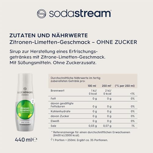 SodaStream Sirup Zitrone-Limette ohne Zucker, 1x Flasche ergibt 9 Liter Fertiggetränk, Sekundenschnell zubereitet und immer frisch, 440 ml 6