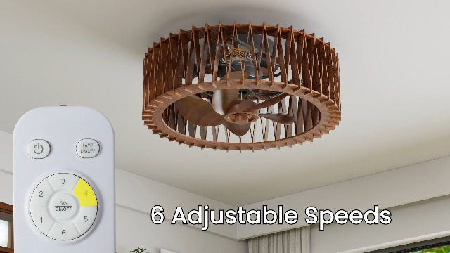 Image of 20 inch Flush Mount Caged Ceiling Fan with Light, Farmhouse Low Profile Ceiling Fan with Remote, Wooden Fandelier 6 Speed Quiet DC Motor, Reversible Chandelier Ceiling Fan for Bedroom Kitchen Living Room