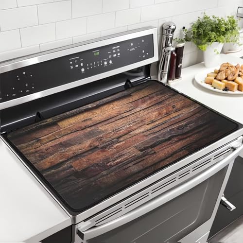 SUMNEESHA Dark Wood Stove Top Covers for Electric Stove Vintage Natural Wooden Board Rustic Farmhouse Style Glass Top Stove Protector Heat Resistant Range Covers Countertop Mat 28x20 Inch