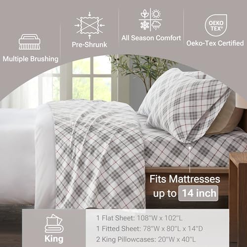 True North by Sleep Philosophy Cozy Flannel Warm 100% Cotton Sheet - Novelty Print Animals Stars Cute Ultra Soft Cold Weather Bedding Set, King, Red Plaid 4 Piece