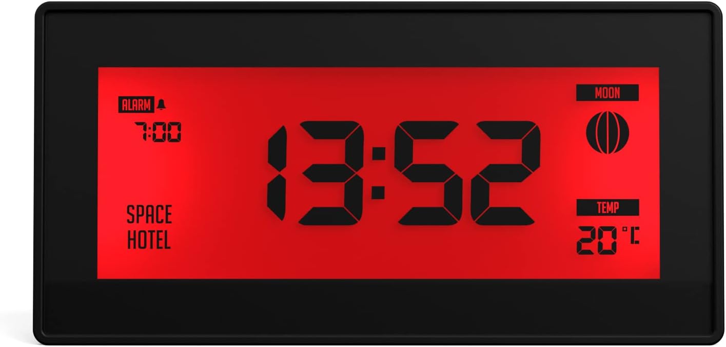 SPACE HOTEL® Robot 10 Designer Digital Alarm Clock with Colour LCD Display, Date Calendar, Room Temperature, Moon Phase, 4 levels Brightness Dimmer, USB Powered & Battery Backup