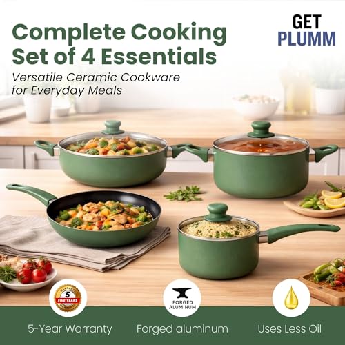 Image of Get Plumm Non-Stick Ceramic Cookware Set | Cooking Pot, Kadhai, Fry Pan & Sauce Pan | 20-20-20-16cm | Induction & Gas Compatible | Emerald Green