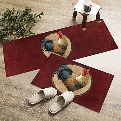 Queener Home Rustic Farm Rooster On Retro Texture Kitchen Rugs And Mats Set Of 2, Washable Floor Doormat Comfort Area Runner Rug Non-Slip Rubber Backing For Indoor Red Marble Agate #TOP4