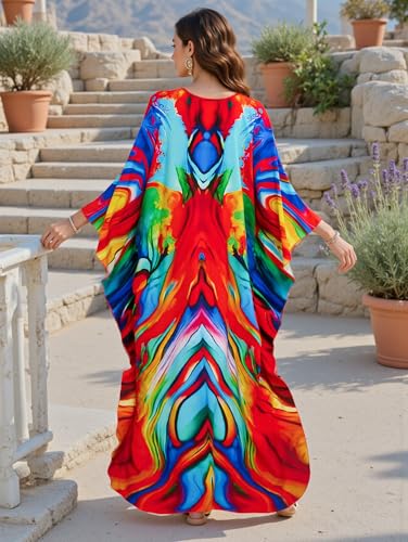 Image of IMAGEKOPE Women's Plus Size Animal Print V-Neck Batwing Kaftan Beach Dress Bathing Suit Cover-Up Loungewear