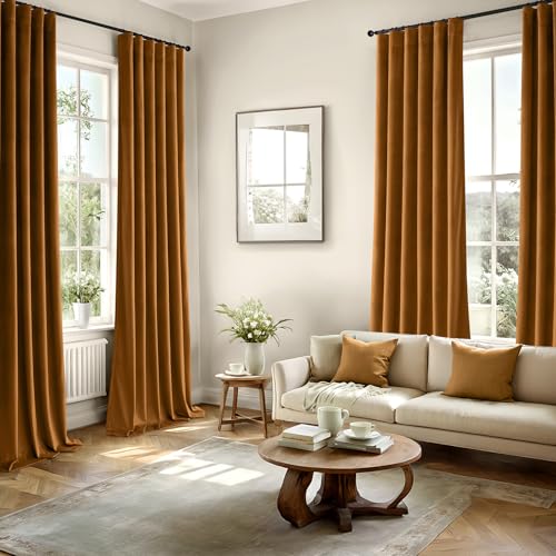 Image of MIULEE Velvet Curtains 50W x 84L 2 Panels Golden Brown Blackout Curtains | Luxury velvet fabric, pinch pleat design, back tab hooks, thermal insulated, blackout light blocking, for living room bedroom