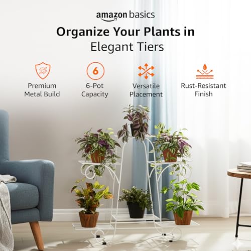 Image of Amazon Basics Metal Planter Stand for Living Room, Indoor Outdoor Plant Stand for Balcony and Home Decor, Holds 6 Planters, White