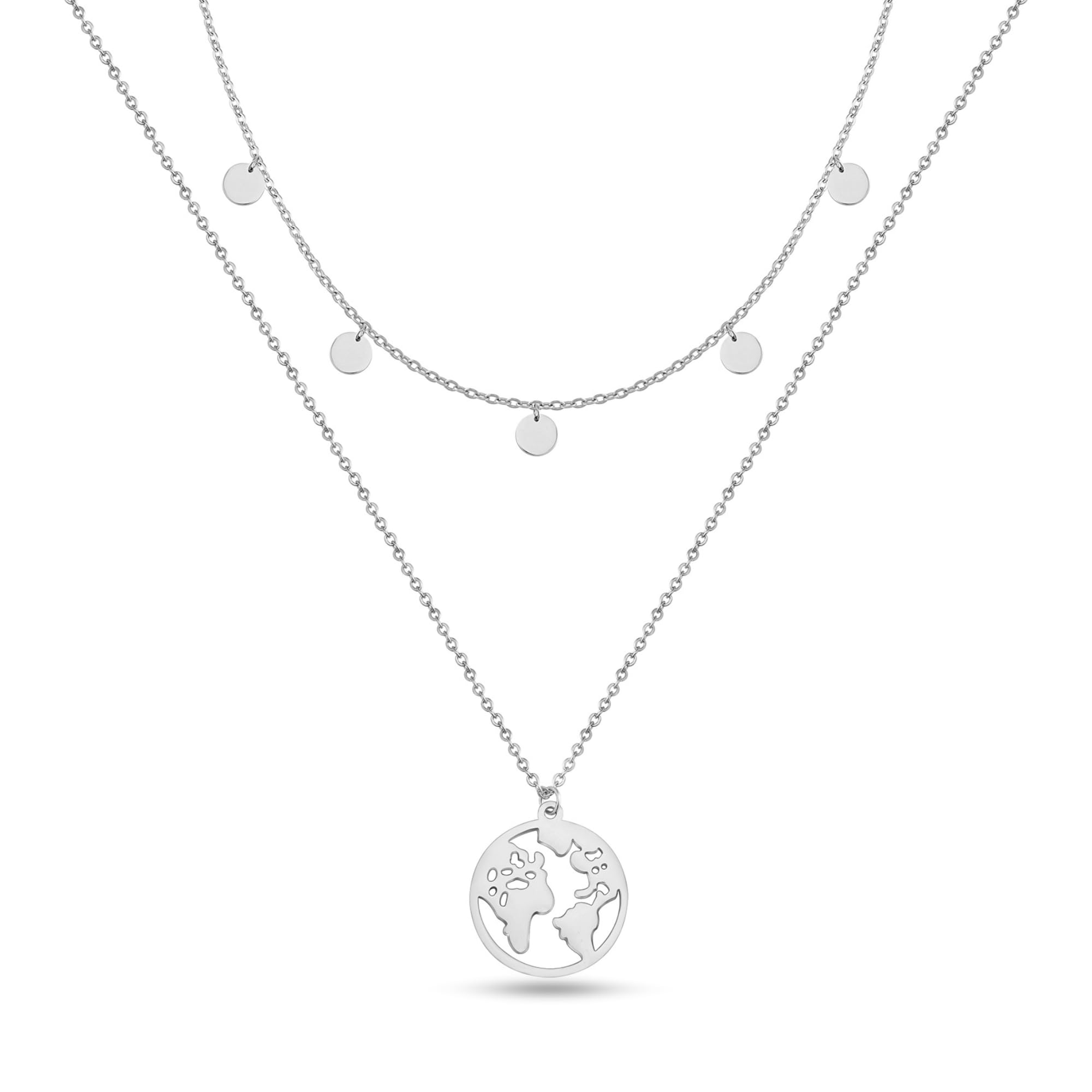 GD GOOD.designs Weltkugel Kette Silber,Gold und Rosegold, mit Plättchen Mehrreihig für Damen - Wasserfest I Layering Halskette mit Weltkarte und Coins I Welt Travel Doppelkette