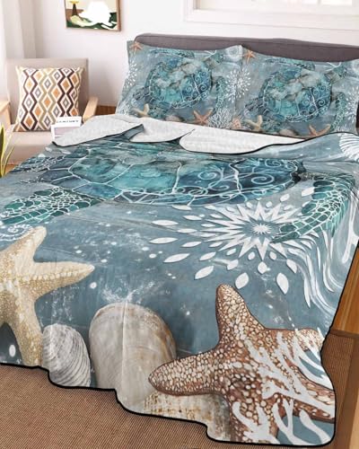 3-Piece Summer Quilt Full Size, Coastal Turtle Lightweight Cooling Bedding Comforter Blanket with 2 Pillow Shams, Summer Nautical Teal Beach Starfish Coral Bedspreads Quilted Coverlet Sets 78