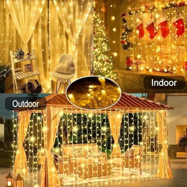 600 LED Solar Curtain Lights Outdoor Remote Control Gazebo 8 Modes Waterproof Waterfall Fairy String Window Wall Hanging Solar Patio Outside Wedding Party Christmas Decor, Warm