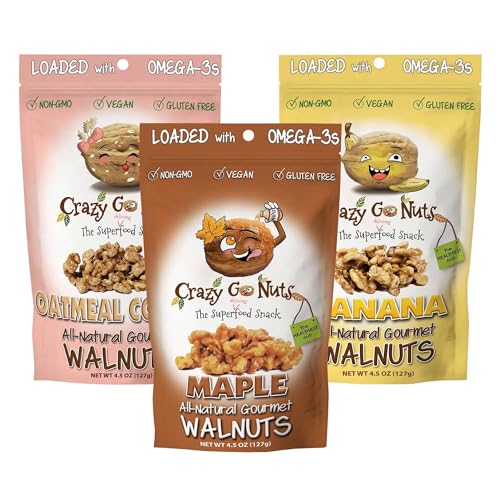 Crazy Go Nuts Sweet Sampler Walnuts - Healthy Snacks, Gluten Free, Natural Superfood, Omega 3 Fatty Acids and Antioxidants, Maple, Banana, and Oatmeal Cookie - 4.5 oz, 3-Pack
