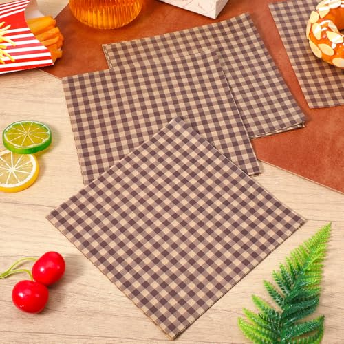 200Pcs Wax Paper Sheets for Food Waxed Deli Paper Sheet Parchment Basket Liner Food Picnic Wrap for Greaseproof Sandwich Burger BBQ Festival Party Fair Coffee-Colored Checkered Print 7.1×7.1in