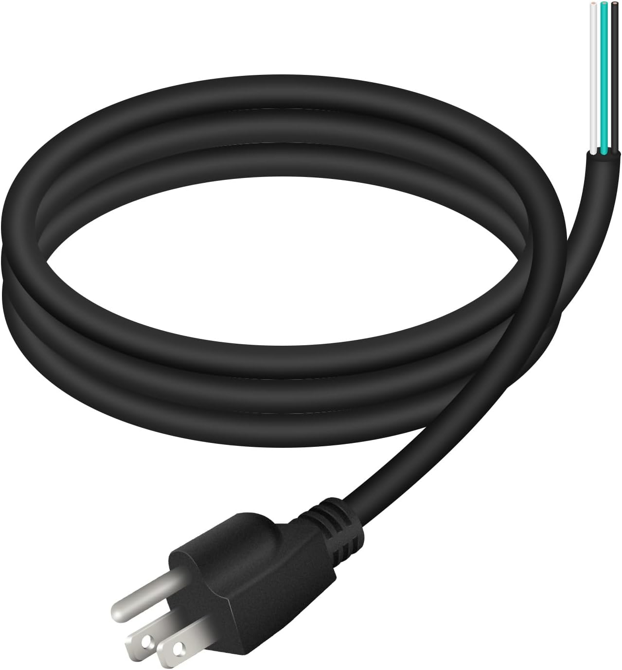 6 FT 14 AWG 3 Prong Replacement Power Cord, 15 Amp 14 Gauge 3 Conductor Wire Extension Cable with Pigtail Open Wiring End.General Electrical AC Power Cord