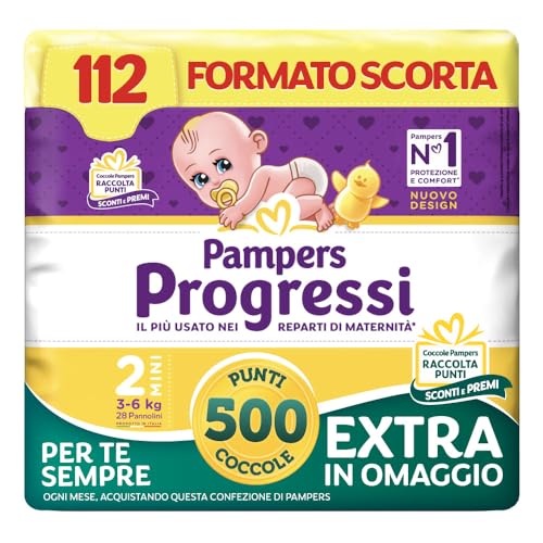 Pampers Progressi Mini +500 Punti Coccole extra in omaggio, Taglia 2 (3-6 kg), 112 Pannolini (formato scorta)