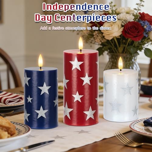 Image of JOIONE Patriotic Flameless Pillar Candles with Remote, 3 Pack Home Decor | Battery Operated, Star Sticker, Real Wax, Remote Control, Warm Flickering Glow, 4th of July Independence Day Party Decor