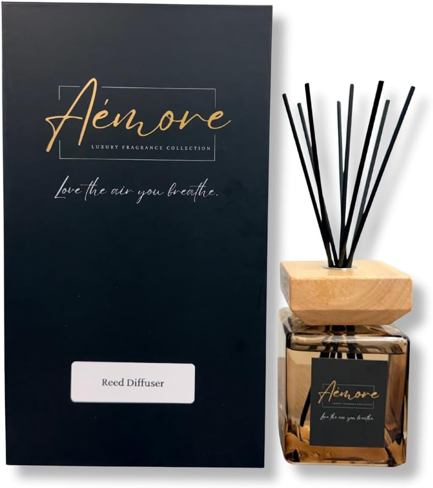 Luxury Reed Diffuser Set, Elegant Home Fragrance with Wooden Lid, Natural Bamboo Fiber Sticks, 14cm Height, 9cm Width, Aromatherapy, Gift Box (Celestial Escape)