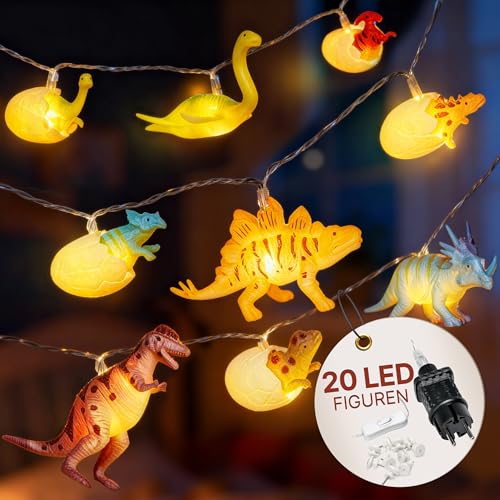 CozyHome Dino Lichterkette Kinderzimmer Deko - 12 LED Figuren & 4 Meter Strombetrieben I Bett Hausbett Lichterkette Kinderzimmer Junge & Mädchen Kinder Lichterketten I Für Dino Dana Dinosaurier Fans