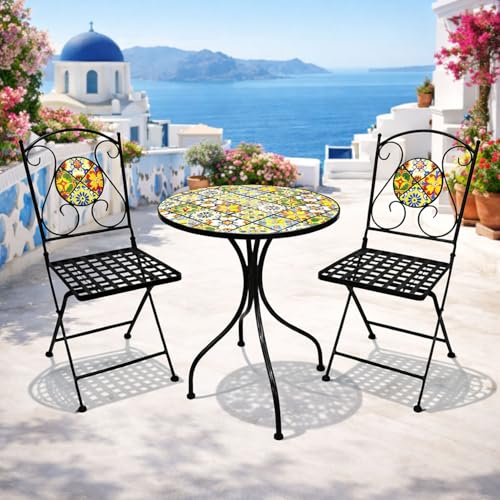 Dekoratives Mosaik Set 3-teilig Sitzgarnitur Sitzgruppe Gartentisch Stühle Gartenmöbel Bistrotisch