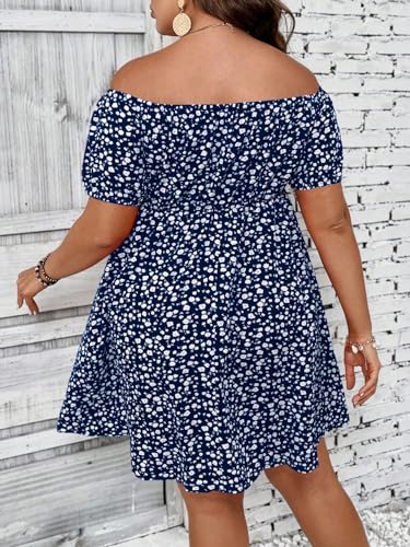 Image of SOLY HUX Women's Plus Size Summer Dresses Off Shoulder Floral Print Short Sleeve Cut Out Tie Front A Line Short Dresses Blue Floral 2XL