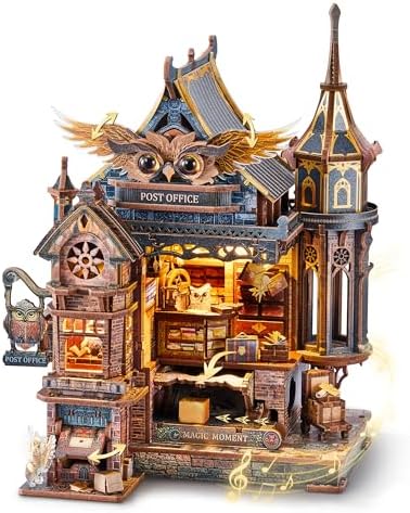 FUNPOLA LED 3D Wood Puzzle Owl Post Office, Dynamic Model with Mechanical Gears, DIY Miniature Kit with Music and LED Lights, Home Décor Gift for Adults and Teens