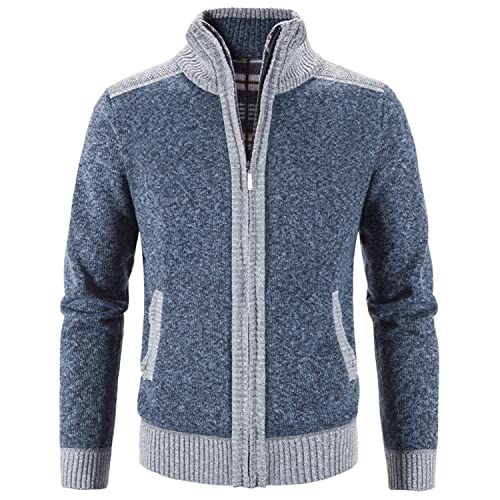 Image of Lu's Chic Men's Long Sleeve Cardigan Sweater Thermal Slim Fit Full Zip Quilted Jacket Business Casual Knit Coats Pocket