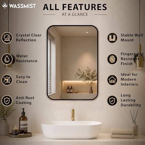 Image of WASSMIST Mirror for Bathroom Wall | Square Bathroom Mirror with Aluminium Frame | HD Reflection Wall Mirror for Living Room /Bedroom (20 X 28 inch)