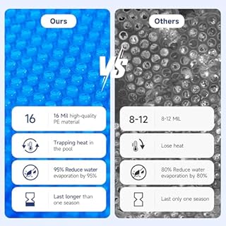 Solar Pool Cover, Durable 16 mil 16 × 32 ft Pool Covers for Inground & Above Ground Pools, Solar Pool Heater, Rectangle Solar Blanket with Bubbles, Blue