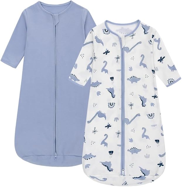 Baby Sleeping Bag 2 Pack 100% Cotton Long Sleeves Wearable Blanket Various Sizes 0-6 Months Sleeping Sack Easy Nappy Changing for Newborn Boys Girls Infant Toddlers Baby Gift (Blue Dinosaur)