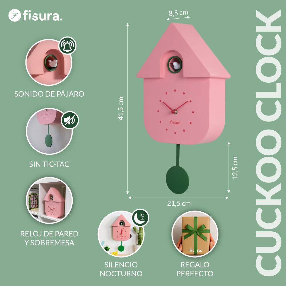 Fisura - Reloj de Cuco Rosa con dial Verde. Reloj Pared. Reloj Pared Original para Regalo. 3 Pilas AA no Incluidas. Medidas: 21,5 x 8 x 41,5. Plástico ABS.