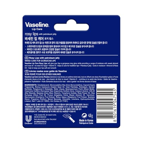 Image of Vaseline Lip Care | Rosy Lips Tinted Lip Balm Stick | up to 48Hr moisturization | with almond oil & rose extract | made in South Korea | 4.8g