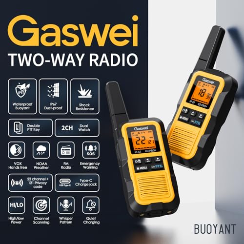 Image of Gaswei G2pro+ IP67 Waterproof Floating Walkie Talkies with Headset, FRS Heavy Duty Walkie Talkie Long Range with Double PTT,FM Radio,VOX,SOS,NOAA Weather, Two Way Radio(4 Pack-Yellow)