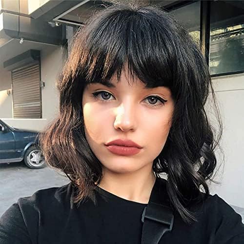 Short Wavy Bob Wigs with Bangs for Black Women Short Black Bob Curly Wig Synthetic Hair Wavy Wigs Natural Looking Heat Resistant Fiber Wig (14 Inch-1B#)