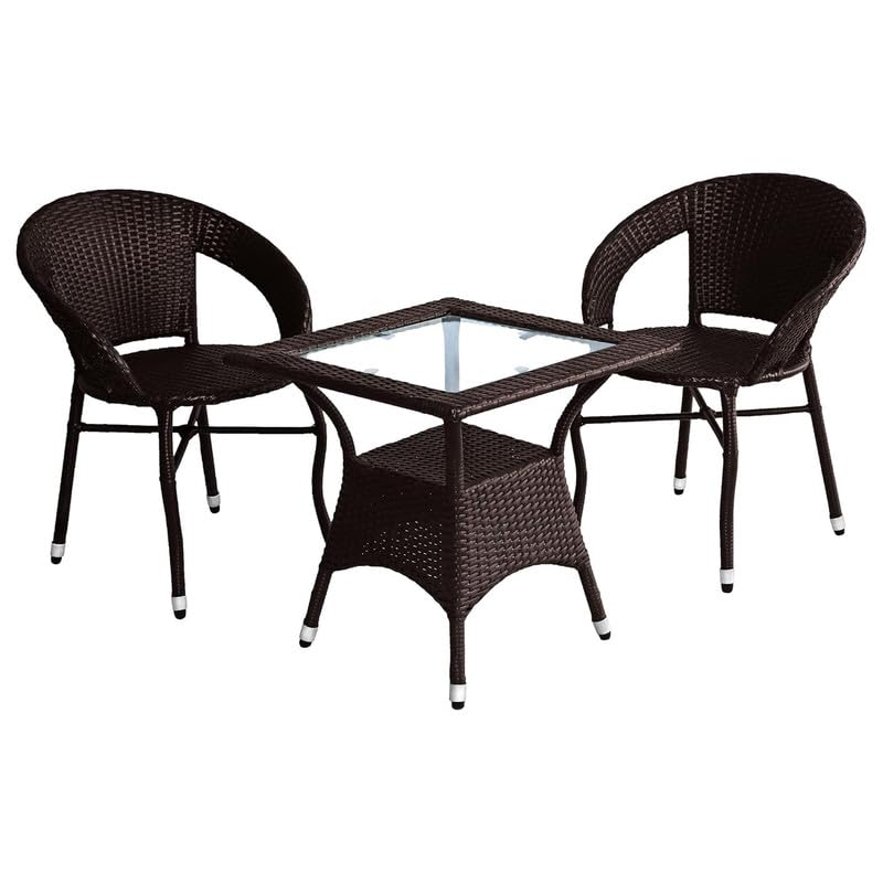 Image of Amazon Brand - Solimo Rattan and Wicker Garden Patio Seating Chair and Table Set Outdoor Balcony Garden Coffee Table Set Furniture with 1 Square Glass Top Table and 2 Chairs Set for Home (Dark Brown)