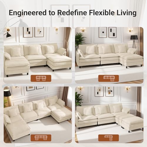 Image of Claiks 148 inch Modular U-Shaped Sofa, Cloud Couch with Ottoman, Sectional 6-Seater Sofa, Deep Seat Comfy Couch with Pillows for Living Room & Apartment, Beige