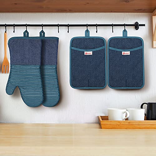 Yutat Oven Mitts, Pot Holders Set Of 4 Made With Pure Cotton And Food Grade Non-Slip Silicone - 500 F Heat Resistant Oven Mitts And Pot Holders Sets For Kitchen Cooking (4Pcs Set, Grey And Denim) #TOP6