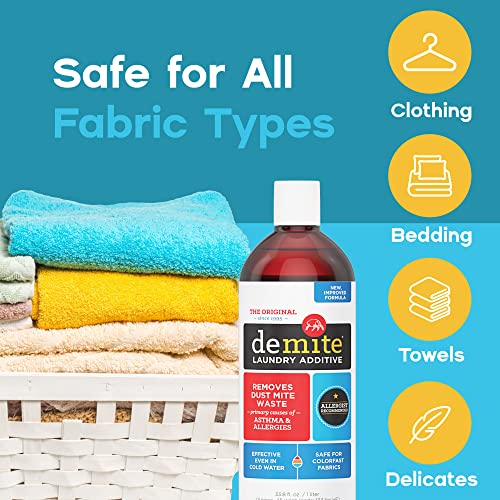 Demite Laundry Additive - Dust Mite Waste Remover For Allergy Relief, Mites Waste Treatment For Bedding & Clothes, Safe Around Children And Pets, Gentle Formula For Use With Any Laundry Detergent Soap, Fragrance-Free, 1 Liter #TOP4