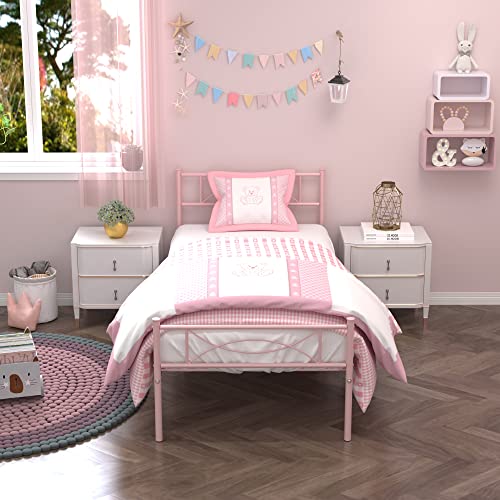 Pink Twin Bed Frame For Girls,Mattress Foundation Support With Headboard And Footboard No Box Spring Need Metal Platform Bed #TOP3