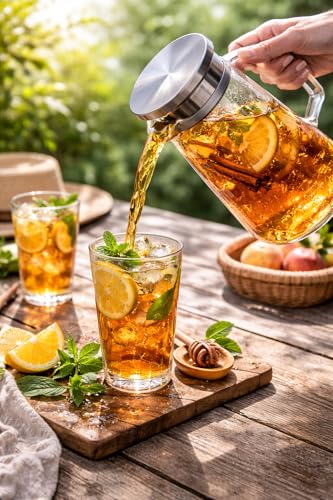 WOODFLAME Glaskaraffe mit Deckel 1.5 Liter, Wasserkaraffe aus Borosilikatglas, Wasserkrug Hitzebeständig, Glaskanne für DIY Getränke, Saft, Tee, Milch,