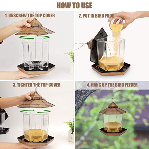 Mangeoire à Oiseaux, Mangeoire Oiseaux Exterieur, Mangeoire à Oiseaux Suspendue, Grande Capacité étanche Hexagonale Jardin Mangeoire à Graines pour Oiseaux Sauvages Suspendue (Marron) – Image 5