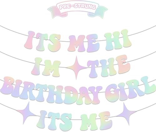 Cartel con texto en inglés "It's Me Hi Im The Birthday Girl Its Me", pancarta de decoración de cumpleaños popular iridiscente con purpurina que no