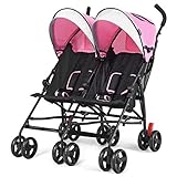 HONEY JOY Double Umbrella Stroller, Twins Side by Side Baby Stroller with Adjustable Canopy, 5-Point Safety Harness, Cup Holder, Foldable Lightweight Travel Stroller for Infants and Toddlers (Pink)