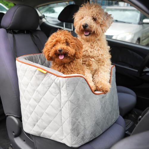 Plush Dog Car Seats for Small Dogs up to 30lbs - Customizable Pet Car Seat with 3 Adjustable Cushion Heights for Comfort - Adjustable Safety Leash and Headrest Straps to Fit All Vehicles (Grey)