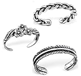 925 Sterling Silver set of 3 Oxidized Flowers, Leaf, Braided Adjustable Toe Ring or Above Knuckle Ring Mid Finger