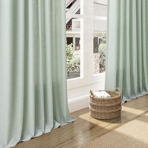 Image of Extra Long Aqua Green Linen Curtains 120 Inch for Living Room 2 Panels Set Rod Pocket Back Tab Light Filtering Semi Sheer Linen Window Drapes Privacy High Ceiling Drapes for Farmhouse 52x120