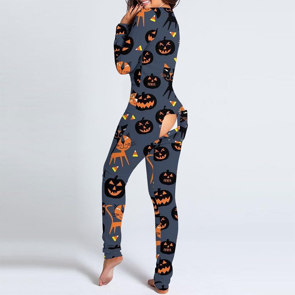 Adult Hip Button Back Cover Sexy Jumpsuit Halloween Pajamas Christmas Pajamas Printed Button Functional Jumpsuit