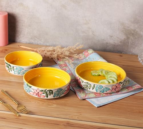Image of Niyara Stoneware Handmade Ceramic Stylish Premium Serving Bowls /Salad Tray Microwave Dishwasher Safe (Yellow Flower Salad Bowl Set 3)